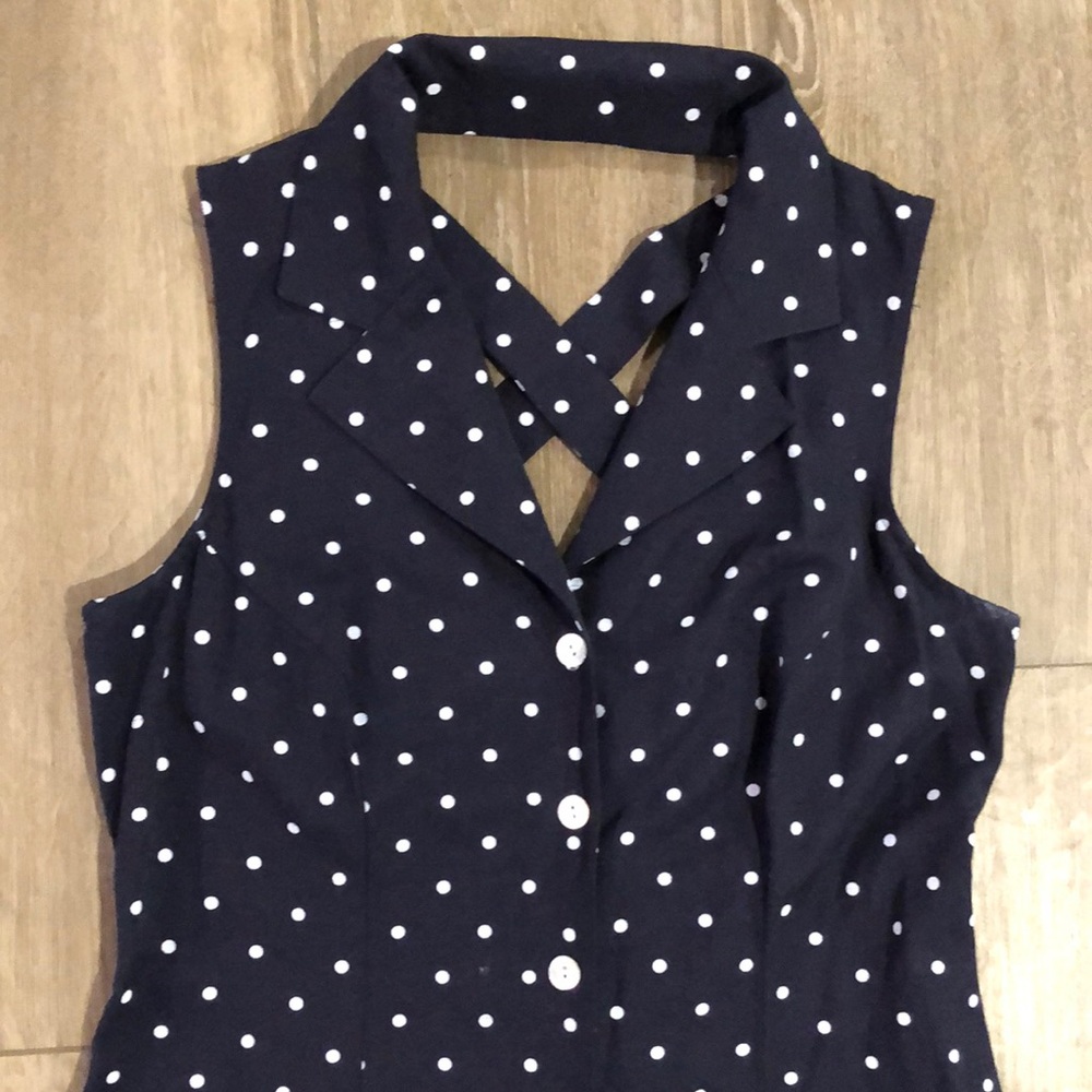 Vintage SHERI MARTIN New York - Navy Polka Dot Sleeveless Dress - Picture 4 of 12